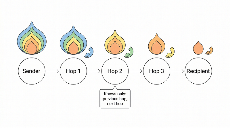 A sketch showing how onion routing peels up the onion an successive hops